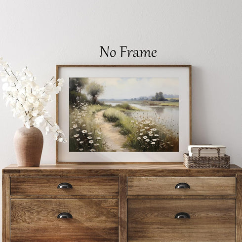 Wildflower Field Landscape Picture, Vintage Canvas River Painting, Country Scene Artwork, 16x24inch No Frame