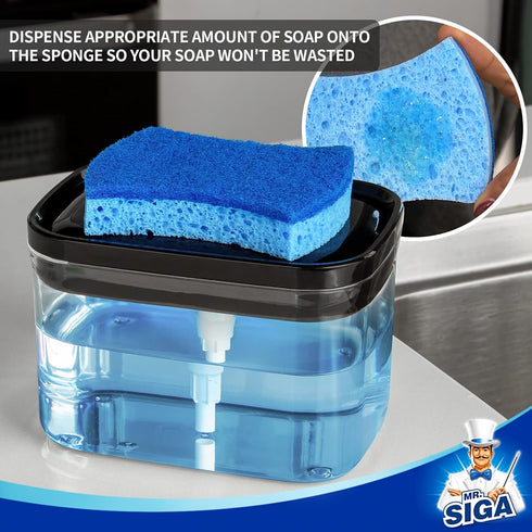 MR.SIGA Dish Soap Dispenser for Kitchen - 2 in 1 Premium Sponge Holder, Black Dishwashing Soap Pump for Countertop