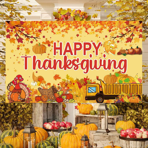 Famoby Happy Thanksgiving Fabric Sign Poster Banner, Pumpkin Turkey Maple Leaf Pattern for Photo Booth