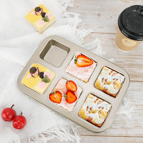 Beasea Brownie Pan, 6 Cavity Gold Nonstick Square Mini Brownie Muffin Cake Pan, Cheesecake Bakeware