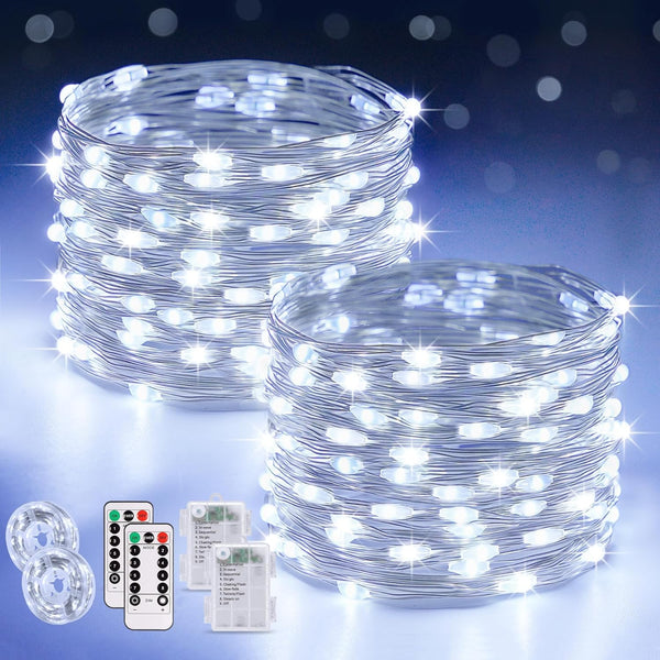 JMEXSUSS 2 Pack White Fairy Lights, 200 LED Battery Operated Twinkle Lights with Remote, 66ft Indoor Outdoor Decor