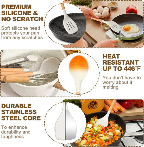 Silicone Cooking Kitchen Utensils Set, 16 Pcs Cooking Utensils Set with Holder, Heat Resistance, White Wooden Handle Silicone Kitchen Gadgets Utensil Set for Nonstick Cookware by AIKKIL