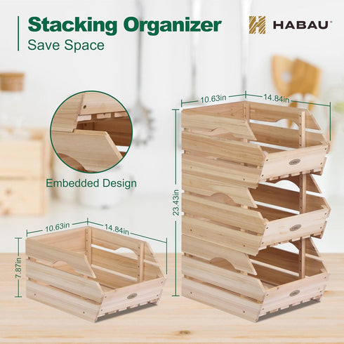 Wood Potato Onion Storage Bins, Stackable Wooden Produce Basket for Kitchen Pantry Organization, Set of 3 Pieces