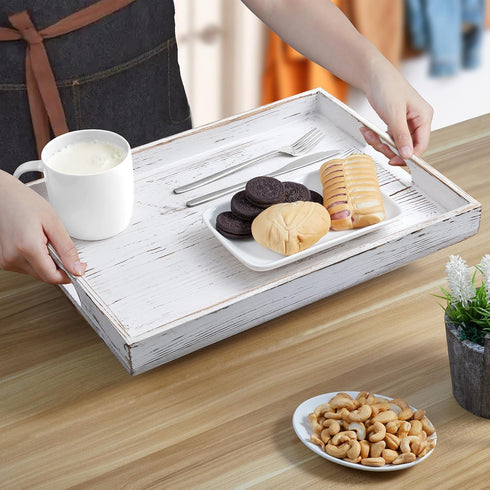 dreamkey 17 Inch Rustic White Serving Tray with Handles - Large Wooden Tray for Ottoman, Breakfast in Bed, Dinner