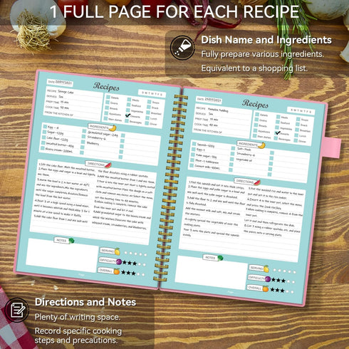 Recipe Book to Write Your Own Recipes, Blank Notebook with Tabs, 120 Pages Organizer, 8.5 x 5.5", Pink