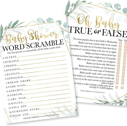 Hadley Designs Baby Shower Games Set, 25 Double-Sided Cards for 25 Guests, Word Scramble & True or False (Greenery)