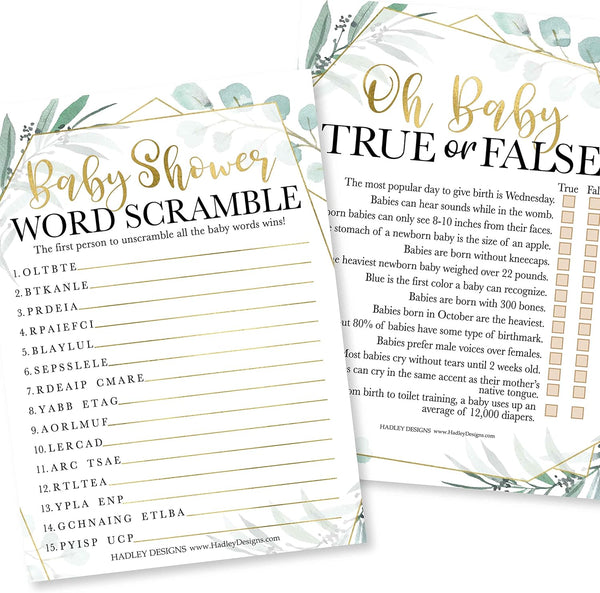 Hadley Designs Baby Shower Games Set, 25 Double-Sided Cards for 25 Guests, Word Scramble & True or False (Greenery)