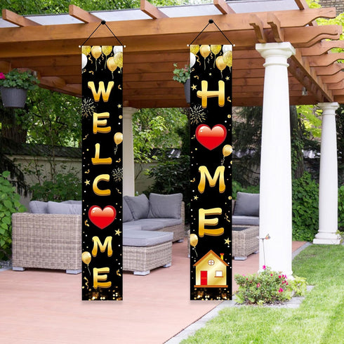 Welcome Home Door Banner Decoration, Black Gold Welcome Back Home Porch Banner for Outdoor Party Supplies