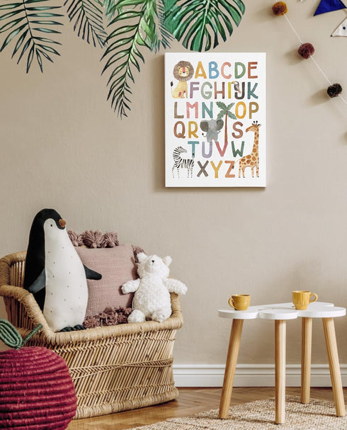 12" 16" ABC Poster Nursery Wall Decor: Boho Alphabet Art for Classroom Wall, Safari Animal Kids Wall Art, ABC Letters