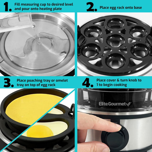 Elite Gourmet EGC648 Electric Poacher, 7 Egg Boiler Cooker with Auto Shut-Off, Stainless Steel, BPA Free