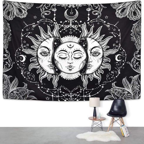 Ftuency Black and White Sun and Moon Tapestry, Mystic Burning Sun Wall Hanging Decor for Bedroom (59" W x 51" L)
