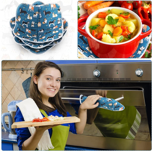 Cunhill Microwave Bowl Holders, 4 Pcs Hot Bowl Holders for Kitchen Supplies (Dog Style, Blue Green)
