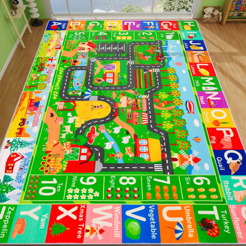 DINSUMRUG 59"39.4" Tummy Kids Rugs for Toy Cars Playroom ABC Farm Life Road Traffic Kids Car Road Rugs Village Map Play