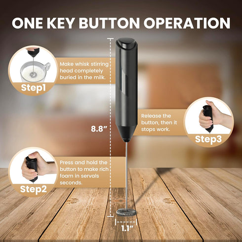 Handheld Milk Frother with Stainless Steel Stand, Battery Operated Whisk Maker for Lattes, Coffee, Cappuccino