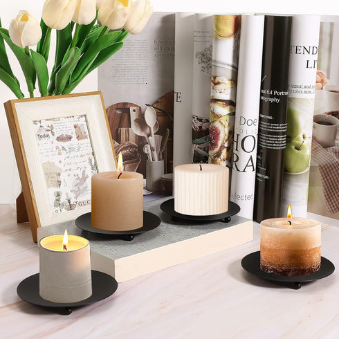 8PCS Black Iron Plate Candle Holder - 4'' Stand Plate for LED & Wax Candles, Decorative Pillar Candle Plate for Weddings
