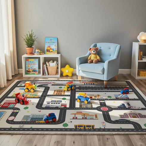 5x7ft Kids City Road Car Play Rug - Non-Slip Faux Wool Carpet with Interactive City Map Design, Educational Toy Vehicle