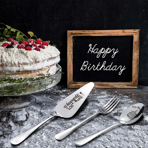 Happy 20th Birthday Personalized Utensil Set, Laser-Engraved Stainless Steel Cake Server, Spoon, Fork for Son Daughter