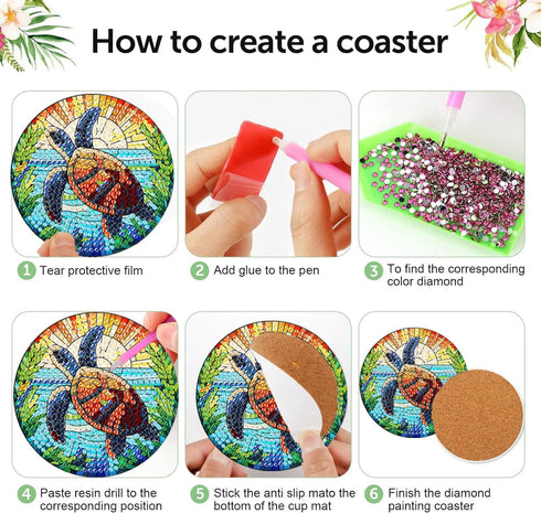 8 Pieces Diamond Art Painting Coasters Kit, Sea Turtle Diamond Art Coaster, DIY Diamonds Craft Kits for Adults