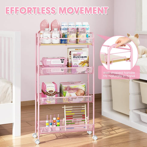 4-Tier TOOLF Slim Rolling Cart, Metal Storage Cart with Wooden Tabletop and Mesh Baskets for Narrow Space on Kitchen