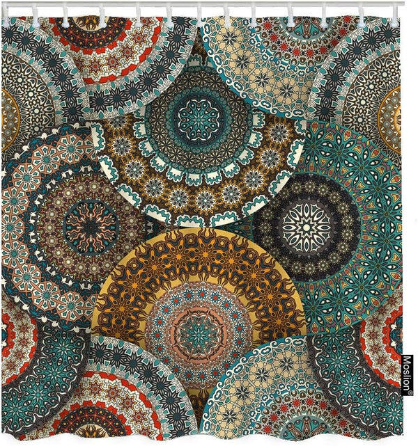 Moslion Bohemian Shower Curtain Set, Colorful Vintage Floral Mandala, Waterproof Polyester Fabric with Hooks 72x72 Inch