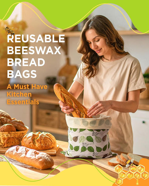 Lyvhoris 2 Pack Beeswax Bread Bag for Homemade Sourdough, Sourdough Bread Bags with Zipper, Cotton Large Airtight Food