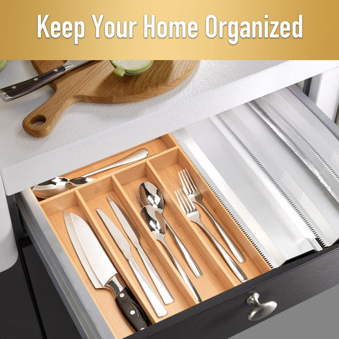 Bamboo Silverware Organizer, Kitchen Drawer Utensil Organizer, Cutlery Holder Flatware Organizer Tray (5 slots, Natural)