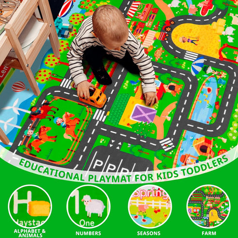 DINSUMRUG 59"39.4" Tummy Kids Rugs for Toy Cars Playroom ABC Farm Life Road Traffic Kids Car Road Rugs Village Map Play