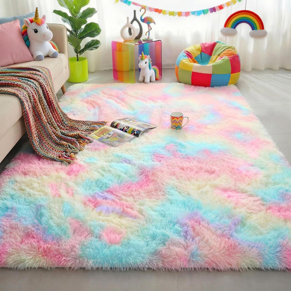 Rainbow Runner Kids Rugs for Girls Bedroom, Unicorn Room Decor, Fluffy Colorful