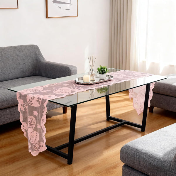 werdecade Easter Table Runner Lace, Pink Floral Egg Embroidery Table Scarf for Spring