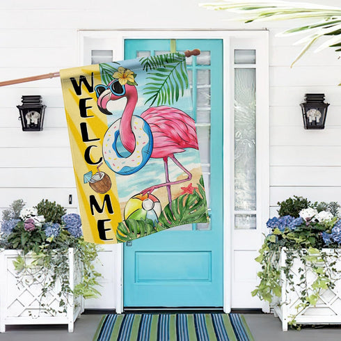 Welcome Summer Flamingo 28 x 40 House Flag, Double Sided; Beach Coastal Swim Ring Tropical Palm Leaves Garden Yard