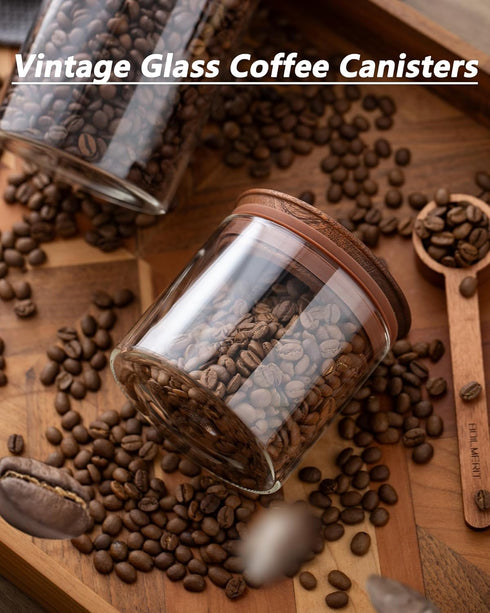 17 oz Sets 2 Coffee Canister with Scoop and Wooden Lids, Airtight Glass Coffee Beans Storage Container of for Ground