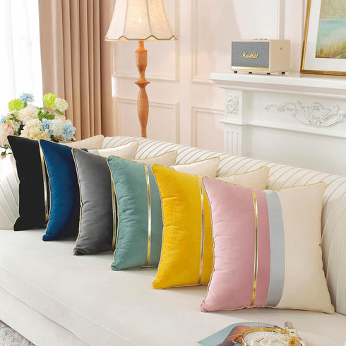 TAOSON Pack 2, Home,12 20 inch of Gray Beige Patchwork Velvet Throw Pillow Cover with Gold Striped Leather Cushion Case