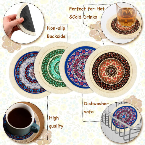 4 Pieces Rug Table Coasters, Oriental Design Fabric Drink Holders for Home Office, Round, Fresh Pattern