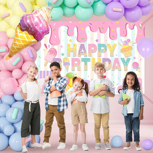 Ice Cream Themed Birthday Party Decorations for Girls, Balloon Garland Arch Kit with Happy Birthday Backdrop.