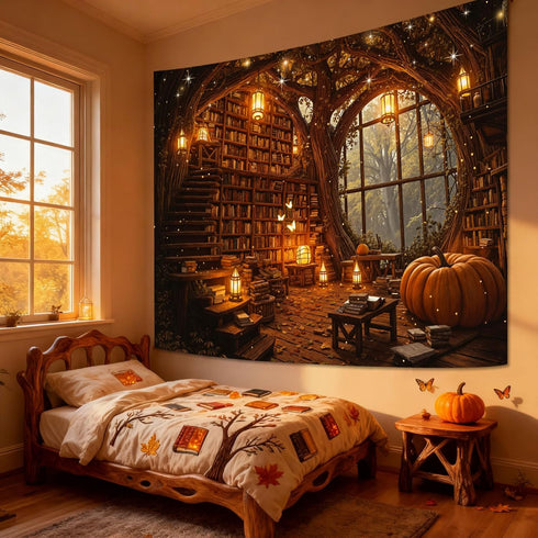 Lunerfex 60"x44" Enchanted Library Tapestry - Treehouse Bookshelf and Magic Lights Wall Hanging - Dark Fantasy Decor