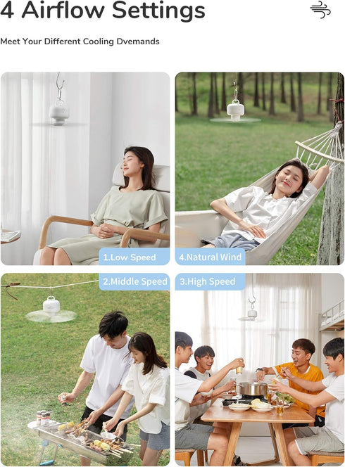 JISULIFE Portable Camping Fan, 8000mAh Battery Operated with Remote Control, 4 Speeds, Detachable Blades, White