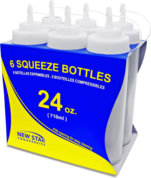 New Star Foodservice 26238 Clear Plastic Squeeze Bottles, Wide Mouth, 24 oz, Pack of 6