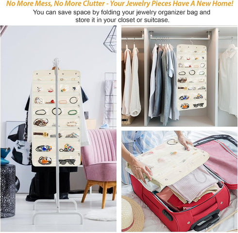 Hanging Jewelry Organizer Revolving Hanger - 50 Pockets - Foldable Storage & Display Solution - Beige