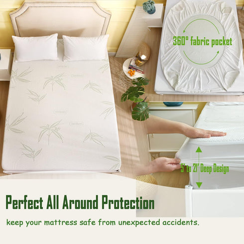 Full Size Waterproof Mattress Protector, Premium Cooling Bamboo Mattress Pad with 21" Deep Pocket