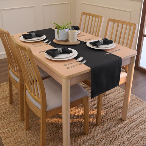 Encasa XO Table Runner 13x104 in Long, Cotton Canvas Fabric, Jet Black Solid Color, Machine Washable & Durable