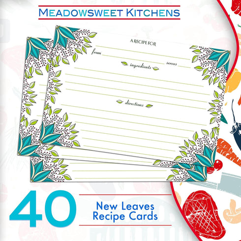Meadowsweet Kitchens Recipe Card Set - 40 Double Sided Recipe Cards 4 x 6 Inch, Perfect Size Blank Cards for a Recipe Card Box, Make Your Own Personalized Recipe Book - New Leaves