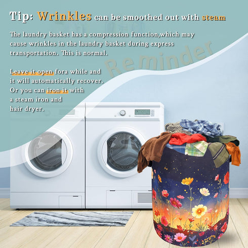 Colorful Flowers At Night Laundry Basket, Waterproof Oxford Cloth Tote Bag, 18.9" x 16.5" for Bathroom/Laundry Storage