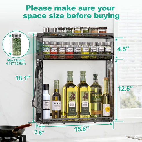 3 9 Hooks-2 Docnest Tier Wall Mounted Spice Rack with Installation Ways (Screw/Adhesive), Space-Saving Metal Spice