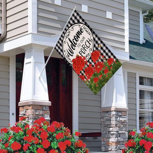 Welcome to Our Porch Geranium Spring Summer House Flag, 28x40, Black White Buffalo Plaid Check Garden Decoration
