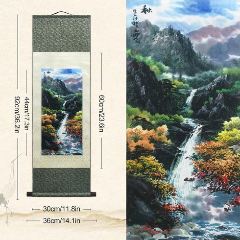 AtfArt Asian Wall Decor Beautiful Silk Scroll Painting Four Seasons Landscape Painting Summer Autumn Winter-Spring Oriental Decor Chinese Art Wall Scroll Hanging Painting Scroll 36.2 x 12in (Autumn)…