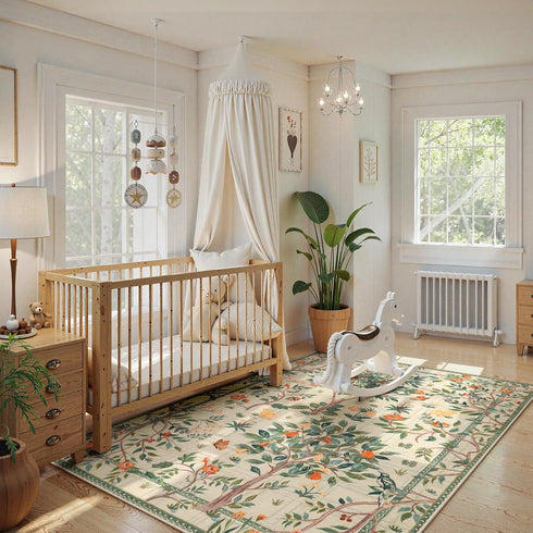 Lanffia 5x7 Botanical Washable Area Rug, Soft Whimsical Non Slip Rugs for Nursery, Beige Tree Plant Indoor Floor Throw