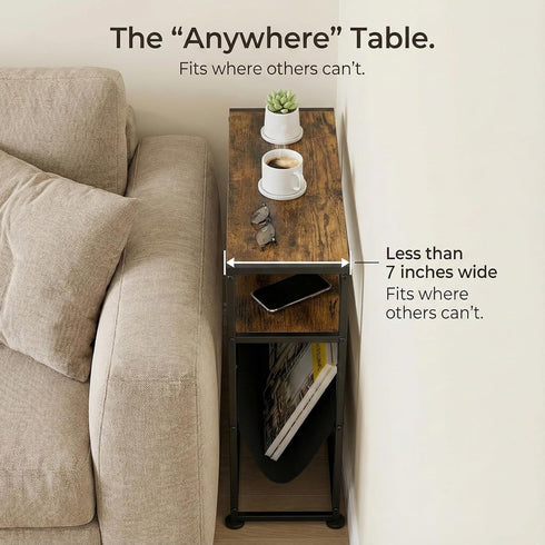 2-Tier Narrow End Table with Magazine Rack, Slim Side Table for Small Spaces, Industrial Nightstand with Storage Sling