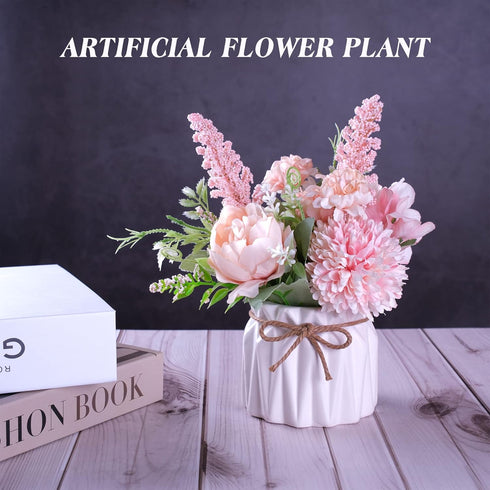 Meyerascal Artificial Potted Flowers Pink, Small Ceramic Vase Fake Flower Plants Desktop Decoration Indoor for Home