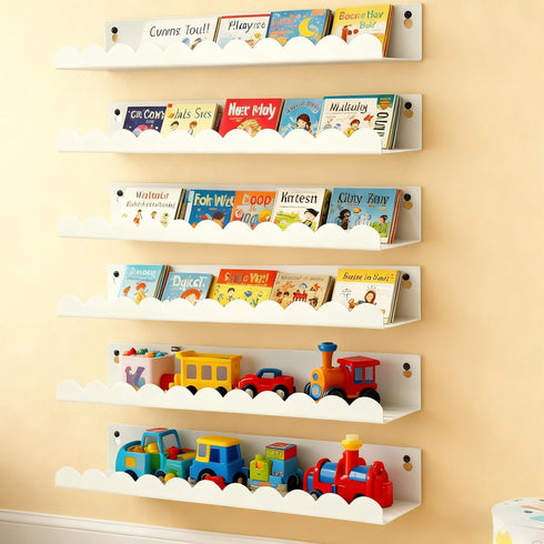 Nursery Book Shelves Set of 6, White Metal Floating Shelves for Wall,