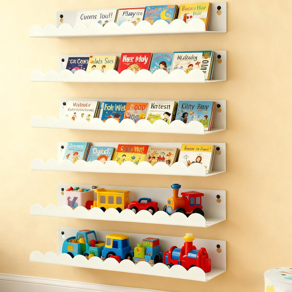 Nursery Book Shelves Set of 6, White Metal Floating Shelves for Wall,